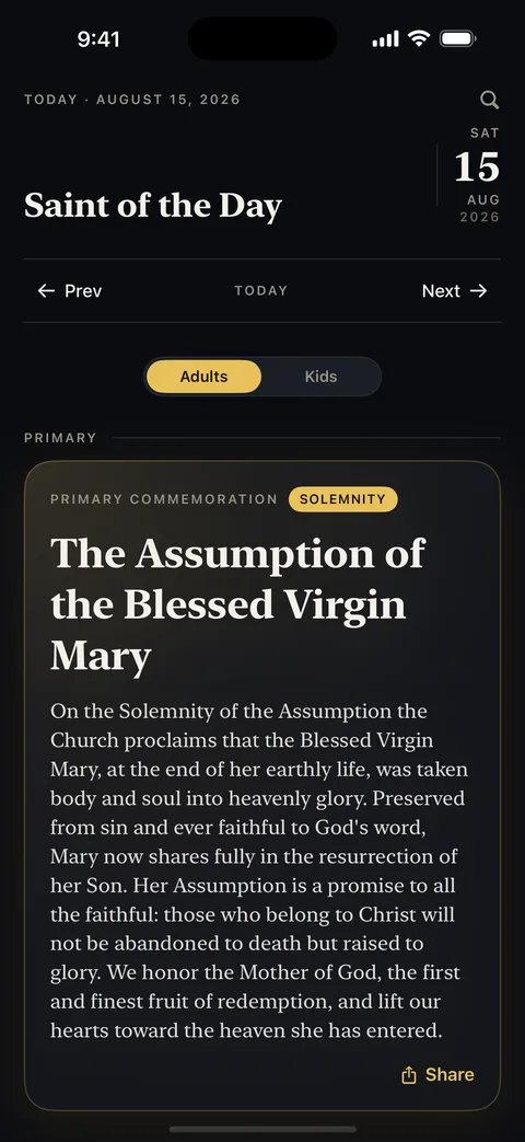 A feast day shown in dark mode