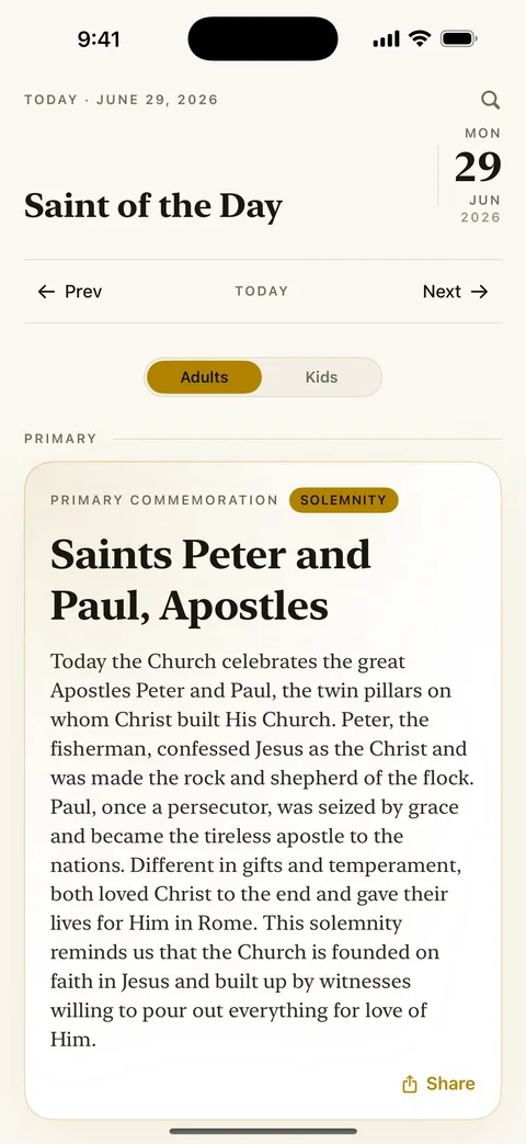 Today view listing each saint the Church commemorates today